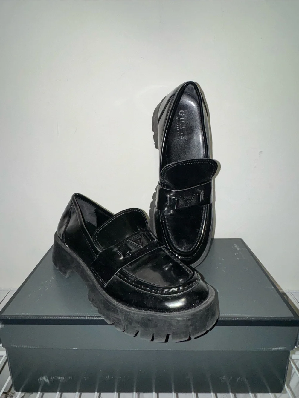 GUESS Black Patent Chunky Penny Loafers